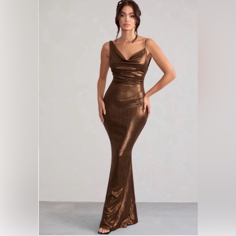 Club London Bronze Shimmer Cowl Front Maxi Dress - Size 2 HEMMED PETITES